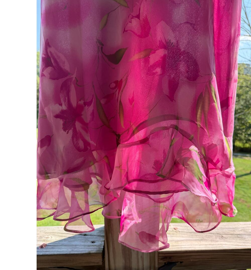 Y2K Fairycore Balletcore Pink Floral Chiffon Midi Skirt Lettuce Hem 14 Whimsical